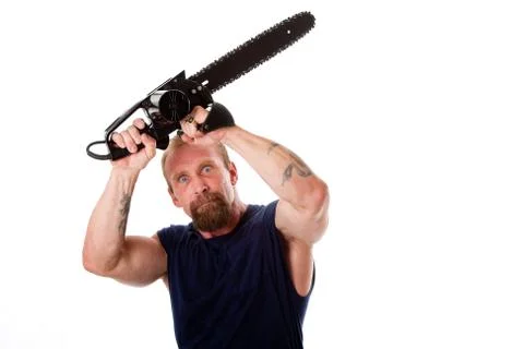 Crazy guy with chainsaw Stock Photos