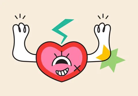 Crazy heart sticker vector. Abstract comic character with big angry eye 스톡 일러스트