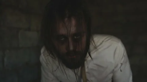 Crazy Horrible Maniac In Basement With Window Stock Footage 116080315