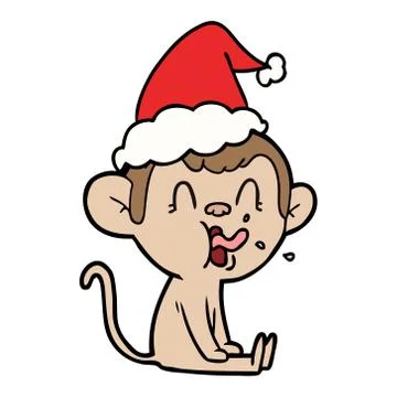 Crazy line drawing of a monkey sitting wearing santa hat Illustrazione stock