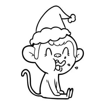 Crazy line drawing of a monkey sitting wearing santa hat Illustrazione stock