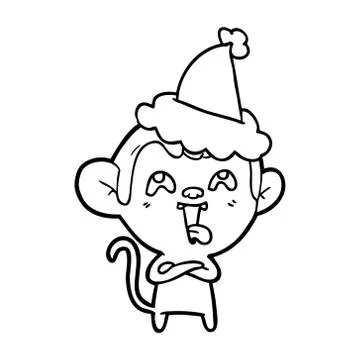 Crazy line drawing of a monkey wearing santa hat Stock Illustration