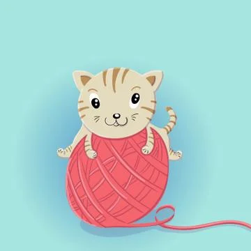 Crazy little kitten playing with a big ball of wool Stock Illustration