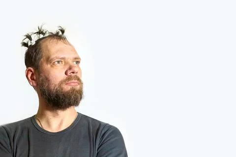 Crazy man with a beard, strong human emotions, portrait of a bearded man with Stock Photos