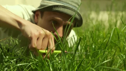 Crazy man in cap cutting tall green grass with scissors in private yard. Funny Stock Footage 310379481