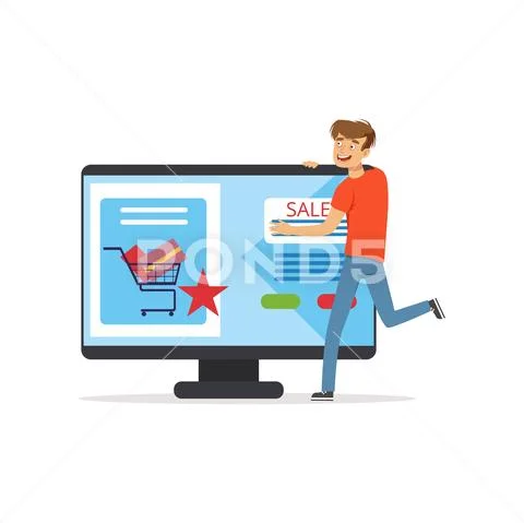 Crazy man with giant computer, online shopping, shopaholic man vector Stock Illustration