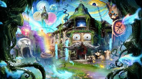Crazy mansion with a lot of strange, bizarre details, strange hallucinogenic  Stock-Illustration