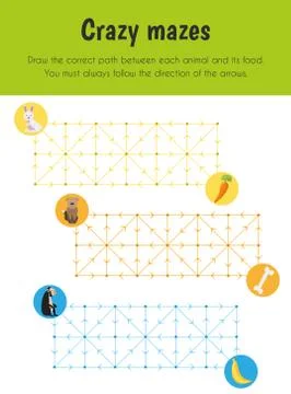 Crazy maze Educational Sheet. Primary module for Spacial Understanding. 5-6 y Illustrazione stock