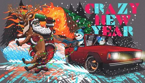 Crazy new year in the drift Stock Illustration