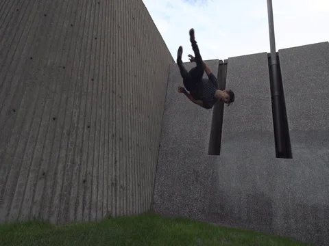 Crazy Parkour Two Wall Two Step Flip Slow Motion Stock Footage 80164382