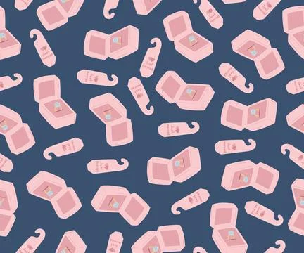 Crazy pattern with wedding ring in box and newlyweds sign. Stock Illustration