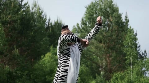 Crazy people, man in a Zebra costume, bright emotion,funny moment, Stock Footage