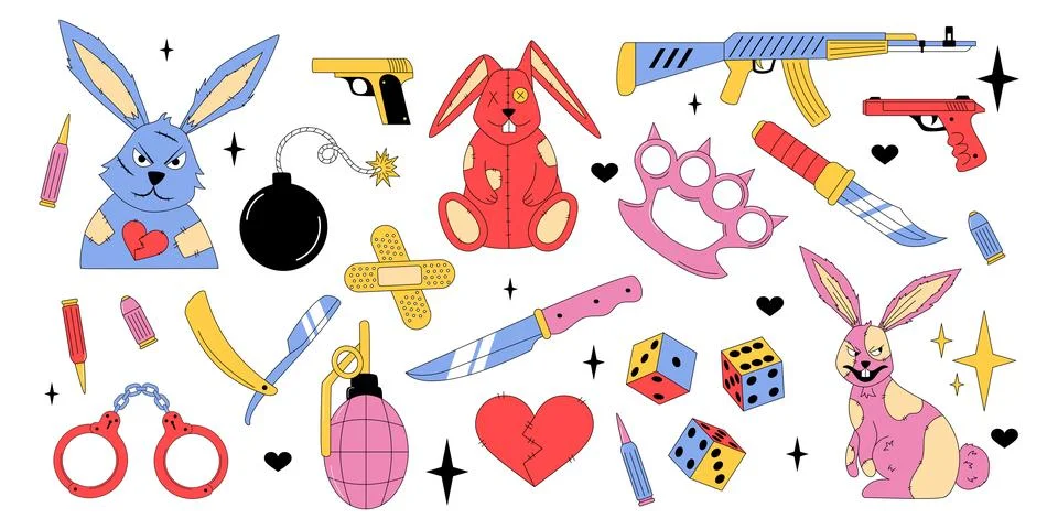 Crazy rabbit. Y2K patch character. Funny toy. Goth comic. Bunny with love hea Stock Illustration