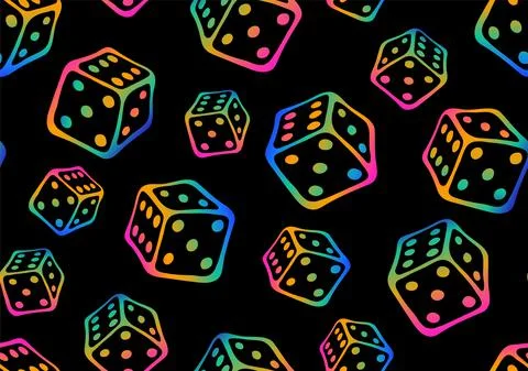 Crazy rainbow seamless pattern with flying outline rainbow colors game cubes . Stock Illustration