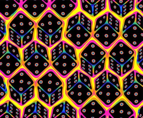 Crazy rainbow seamless pattern with repeated black cubes for board game. 스톡 일러스트