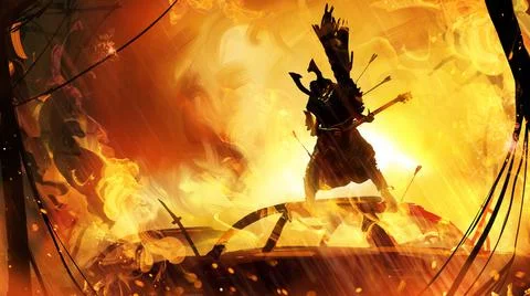 A crazy samurai rocker with a skeleton body, wearing a helmet, violently play Stock Illustration