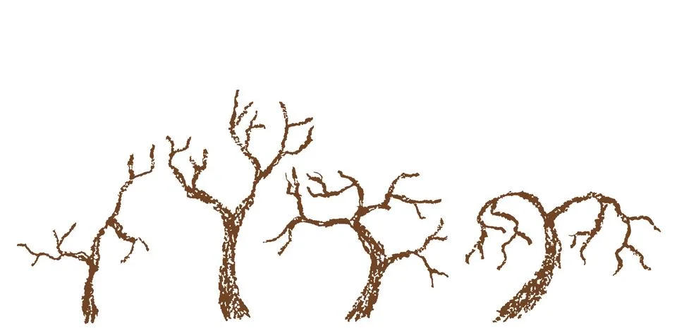 Crazy scary tree set. Hand drawn cartoon Halloween art border. Crayon or pencil Stock Illustration