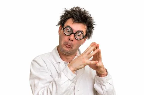 Crazy scientist with glasses thinking about his experiment isolated on white Foto stock