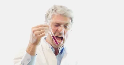 A crazy scientist looking at two test tubes and shouting at somebody Stock Footage 48982284