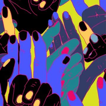Crazy seamless pattern with bright nails and hands. Doodle Style. Illustrazione stock