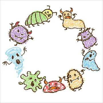 Crazy silly scary monster round frame border. Like kids hand drawn Stock Illustration