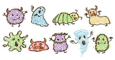 Crazy silly scary monster set. Like kids hand drawn cartoon character art Stock Illustration