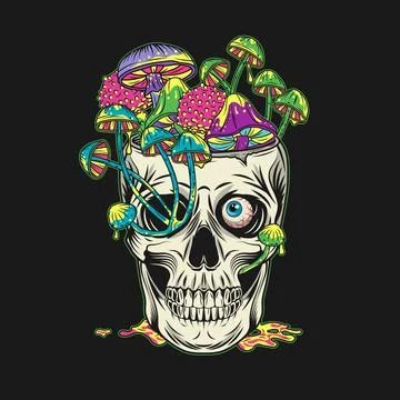Crazy skull without top like cup with mushrooms Stock Illustration