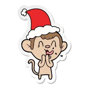 Crazy sticker cartoon of a monkey wearing santa hat Stock Illustration