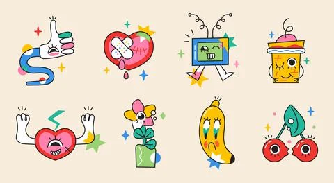 Crazy sticker vector set. Abstract comic character with big angry eye Stock Illustration