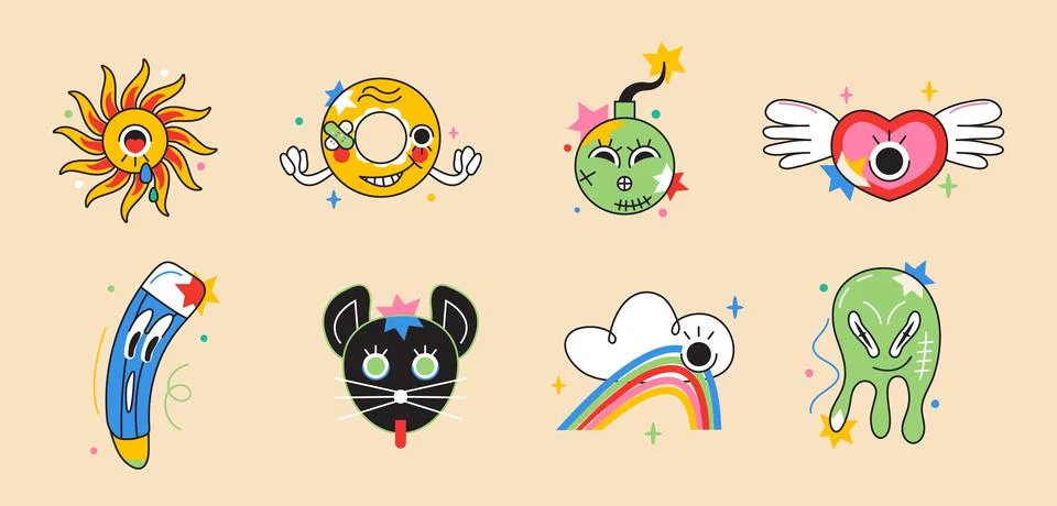 Crazy sticker vector set. Abstract comic character with big angry eye in tren Stock Illustration