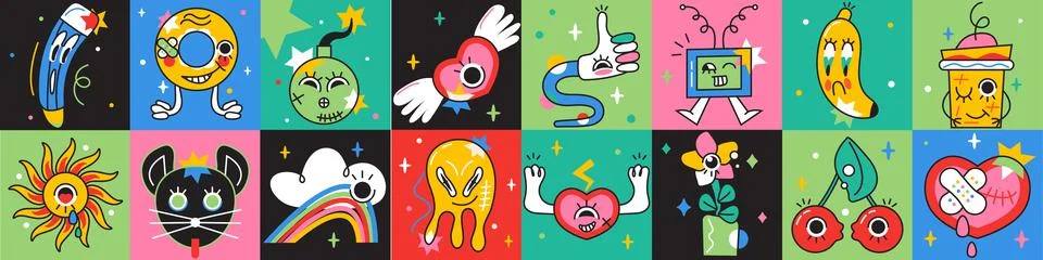 Crazy sticker vector set. Abstract comic character with big angry eye in tren Stock Illustration