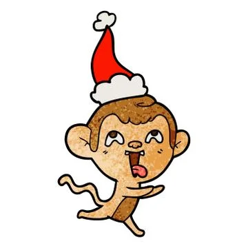 Crazy textured cartoon of a monkey running wearing santa hat Stock Illustration