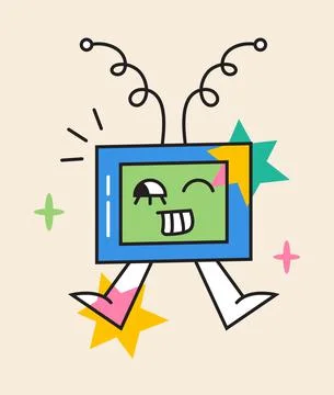 Crazy TV sticker vector. Abstract comic character with big angry eye Illustrazione stock