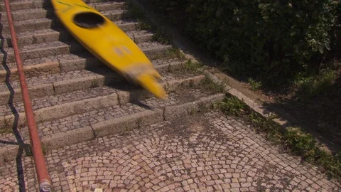 Crazy video of kayak rides down the stairs, extreme sport Stock Footage 90365230