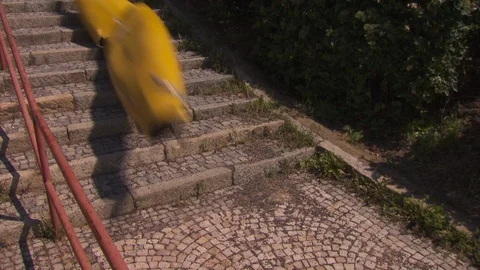 Crazy video of kayak rides down the stairs, extreme sport Stock Footage 90365403