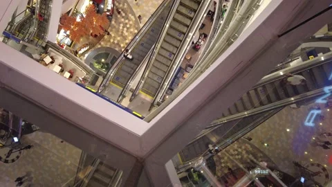 Crazy view on escalators in shopping mall Stock Footage 148515650