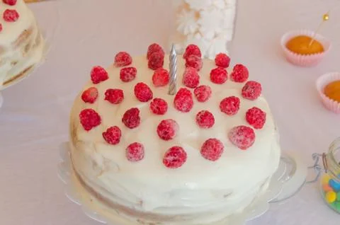 Cream biscuit cake with raspberry Photos