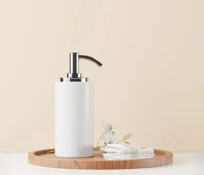 Cream bottle or perfume pump placed on pastel white background, 3d style Stock Illustration