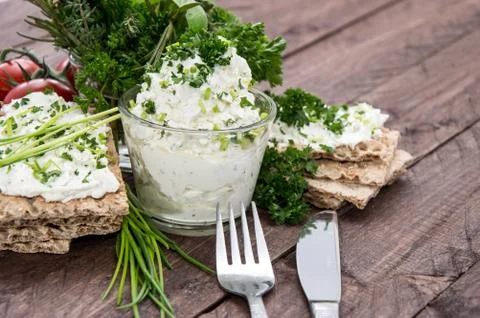 Cream cheese on crispbread Stock Photos