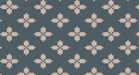 Cream flower on grey knitted pattern, Festive Sweater Design. Seamless Knitte Illustrazione stock