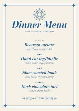 Cream four course dinner menu with line art sun ornament Illustrazione stock