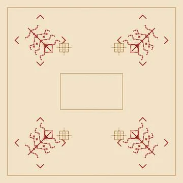 A cream ground frames four mirrored red tribal emblems around an open cente.. Stock-Illustration