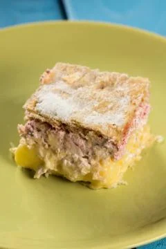 Cream pie with raspberry on the green plate in natural light Foto stock