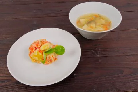 Cream potatoes with vegetables on a table 스톡 사진