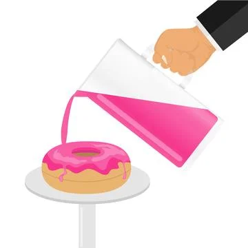The cream pours on the biscuits. A hand with a jug with glaze watering a donut Stock Illustration