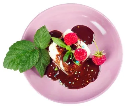Cream pudding with chocolate sauce, raspberry and mint on beauti Stock Photos