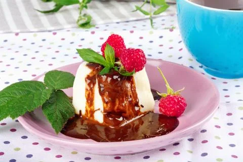 Cream pudding with chocolate sauce, raspberry and mint on  tablecloth Stock Photos
