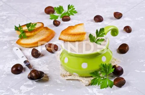 Cream soup of pureed chestnuts Stock Photos
