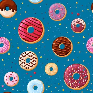 Cream tasty donuts seamless pattern. Yummy pastries with cream sprinkled caramel Stock Illustration