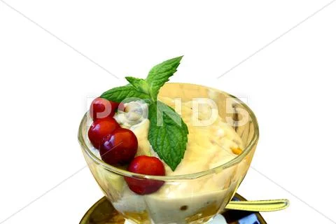 Creammy dessert with red berries isolated Stock Photos